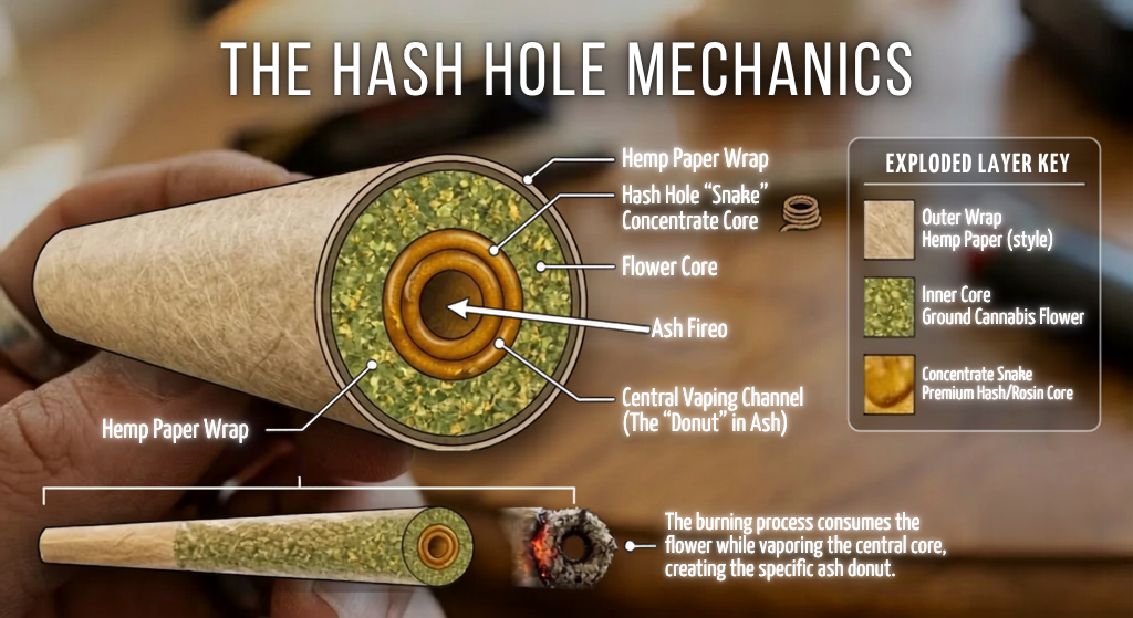 cross section of hash hole pre-roll showing concentrate core inside flower